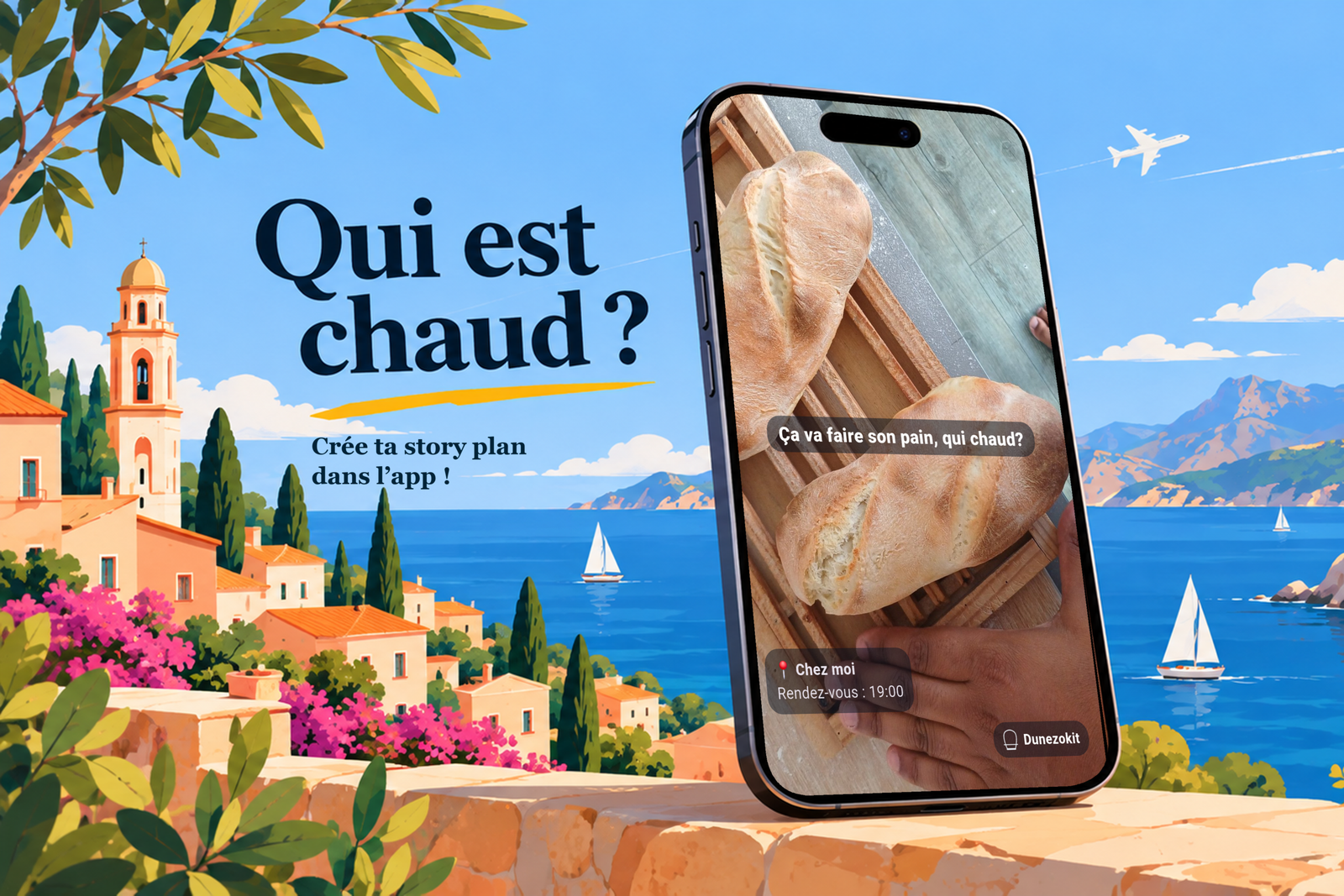 Un plan Dunezokit illustré : photo, lieu et heure de rendez-vous, sur fond de Méditerranée